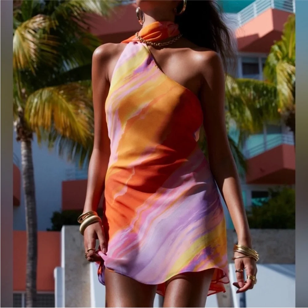 For Love & Lemons Sunny Mini Dress XS Sunset Tie Dye Orange Pink Resort Party - Picture 2 of 13